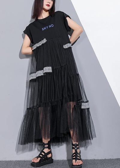 Unique o neck patchwork tulle cotton dress black Art Dresses summer - SooLinen