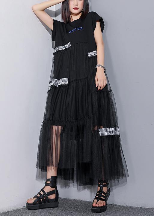 Unique o neck patchwork tulle cotton dress black Art Dresses summer - SooLinen