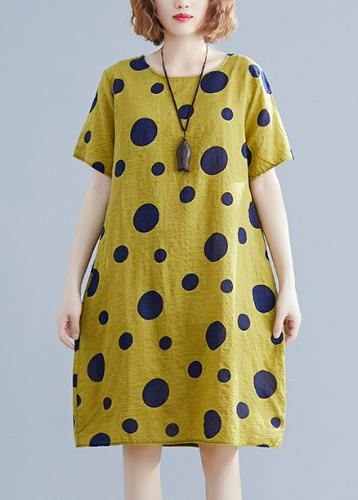 Unique o neck pockets Cotton clothes Wardrobes yellow dotted Dresses - SooLinen