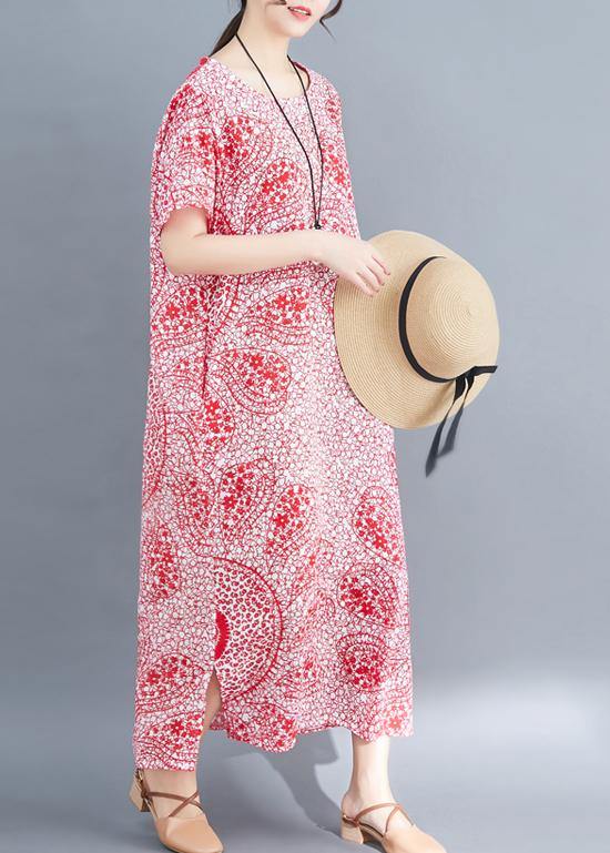 Unique o neck side open cotton Soft Surroundings plus size pattern red print Plus Size Clothing Dresses Summer - SooLinen