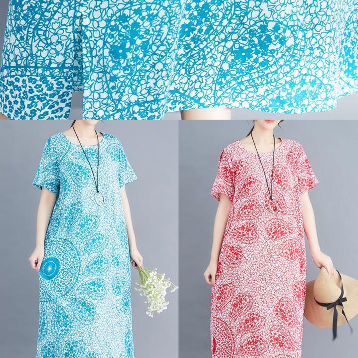 Unique o neck side open cotton Soft Surroundings plus size pattern red print Plus Size Clothing Dresses Summer - SooLinen