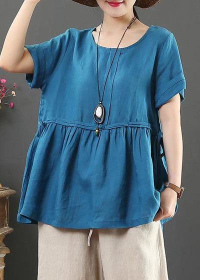 Unique o neck Cinched linen summer shirts Neckline blue blouses - SooLinen