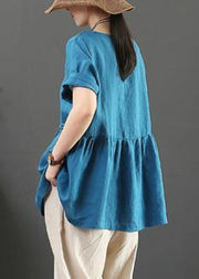 Unique o neck Cinched linen summer shirts Neckline blue blouses - SooLinen