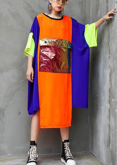 Unique orange blue patchwork chiffon For Women 2019 o neck asymmetric Maxi Summer Dress - SooLinen
