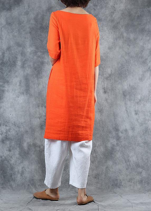 Unique orange linen tops women cotton o neck mid long tops - SooLinen