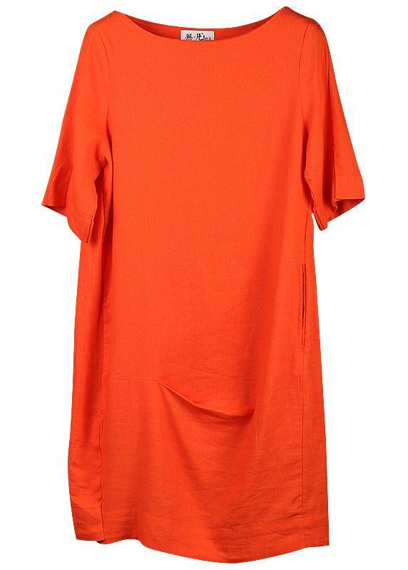 Unique orange linen tops women cotton o neck mid long tops - SooLinen
