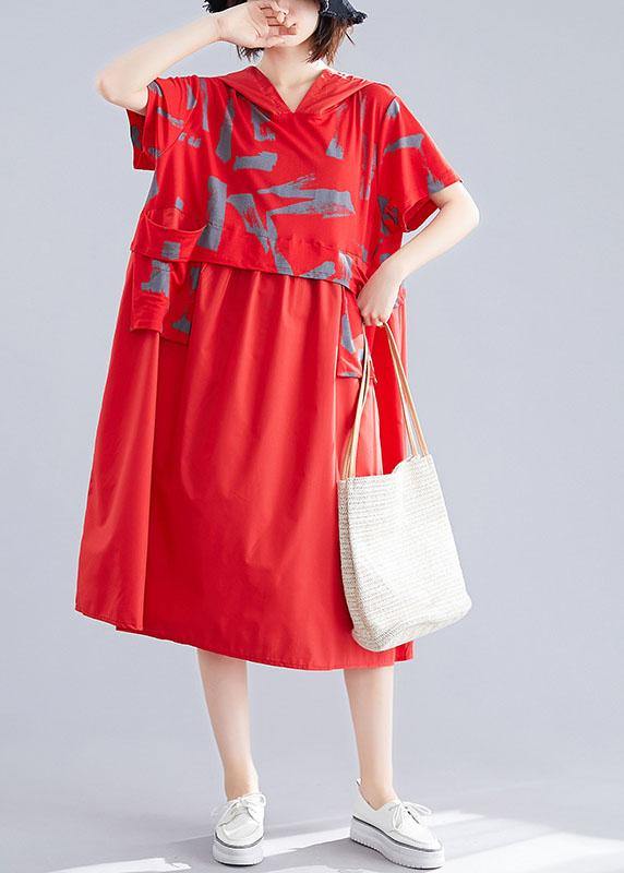 Unique patchwork cotton clothes Shape red hooded loose Dresses summer - SooLinen