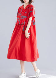 Unique patchwork cotton clothes Shape red hooded loose Dresses summer - SooLinen