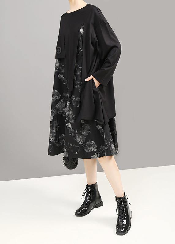 Unique patchwork cotton prints dress Shirts black Dress - SooLinen