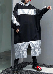 Unique patchwork hooded cotton Tunic Fashion Ideas black Plus Size Dress - SooLinen