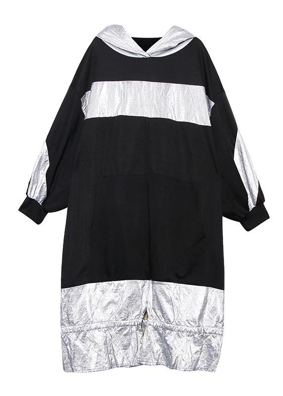 Unique patchwork hooded cotton Tunic Fashion Ideas black Plus Size Dress - SooLinen