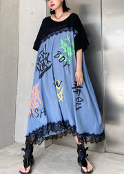 Unique patchwork lace cotton clothes Women Wardrobes black Letter loose Dress - SooLinen