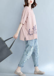 Unique pink prints cotton shirts women Appliques daily summer blouse - SooLinen