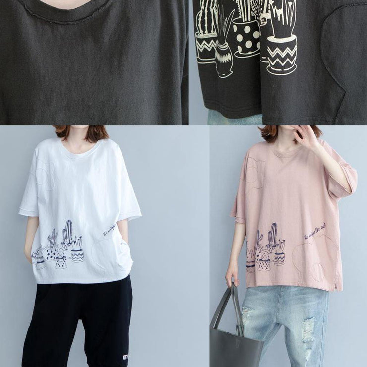 Unique pink prints cotton shirts women Appliques daily summer blouse - SooLinen