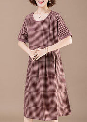 Unique red Plaid Cotton dresses Fashion Photography patchwork pockets short Summer Dresses - SooLinen