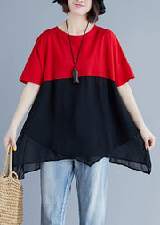 Unique red chiffon o neck patchwork silhouette summer blouse - SooLinen