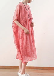 Einzigartige rote Baumwollkleider Boho Catwalk Sommerkleid aus Baumwolle mit O-Ausschnitt