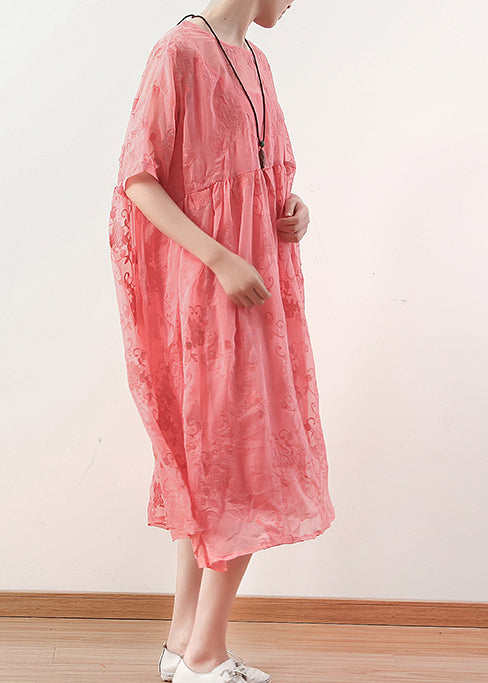 Einzigartige rote Baumwollkleider Boho Catwalk Sommerkleid aus Baumwolle mit O-Ausschnitt