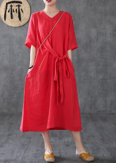 Unique red linen clothes v neck Maxi Dress - SooLinen
