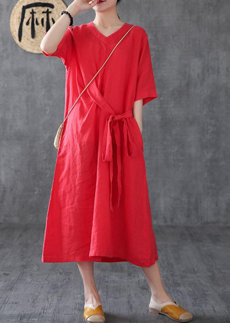 Unique red linen clothes v neck Maxi Dress - SooLinen