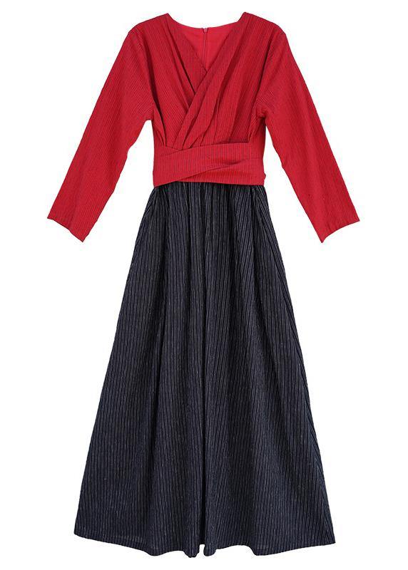 Unique red patchwork striped quilting clothes v neck large hem robes spring Dress - SooLinen