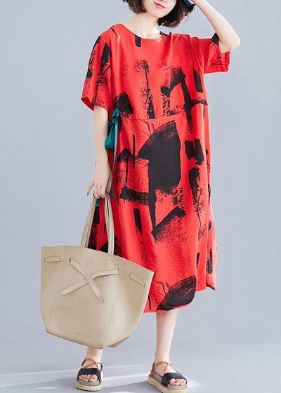 Unique red print cotton clothes Women o neck patchwork Traveling summer Dresses - SooLinen