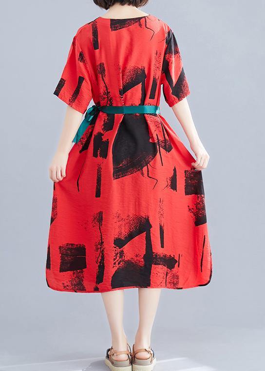 Unique red print cotton clothes Women o neck patchwork Traveling summer Dresses - SooLinen
