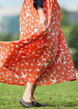 Unique red print linen dresses patchwork o neck Maxi summer Dresses - SooLinen