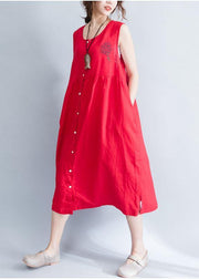 Unique red sleeveless linen quilting dresses patchwork Love summer Dresses - SooLinen