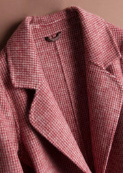 Unique rose plaid Fine tunics for women Neckline Notched pockets coat - SooLinen