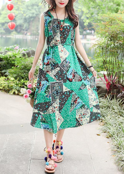 Unique sleeveless tie waist cotton quilting clothes Fashion Ideas green print long Dresses summer - SooLinen