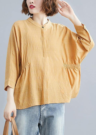 Unique stand collar Batwing Sleeve cotton tunics for women Shirts yellow blouse - SooLinen