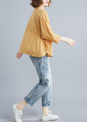 Unique stand collar Batwing Sleeve cotton tunics for women Shirts yellow blouse - SooLinen