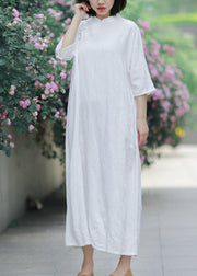 Unique stand collar half sleeve linen summerLong Shirts Tunic dress white Dress - SooLinen