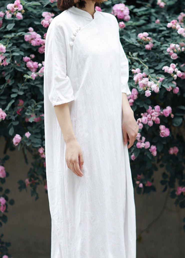 Unique stand collar half sleeve linen summerLong Shirts Tunic dress white Dress - SooLinen