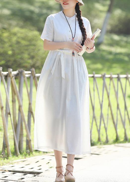 Unique stand collar linen cotton dress Sewing white Traveling Dress summer - SooLinen