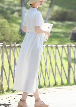 Unique stand collar linen cotton dress Sewing white Traveling Dress summer - SooLinen