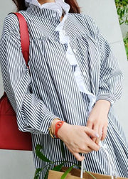 Unique striped cotton Tunics Ruffled asymmetric Maxi Dress - SooLinen