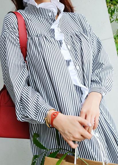 Unique striped cotton Tunics Ruffled asymmetric Maxi Dress - SooLinen