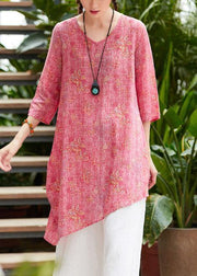 Unique v neck asymmetric linen Long Shirts Work pink print Dresses summer - SooLinen