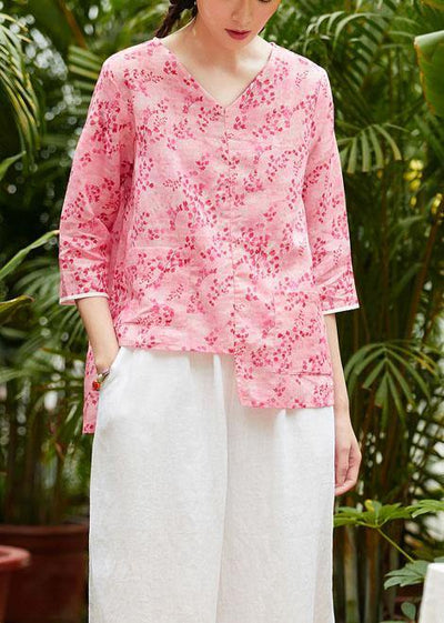 Unique v neck asymmetric linen tops women Shirts pink print blouses summer - SooLinen