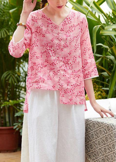 Unique v neck asymmetric linen tops women Shirts pink print blouses summer - SooLinen