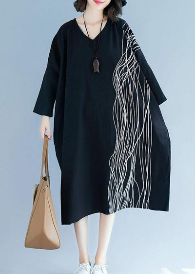 Unique v neck baggy cotton Tunics Tutorials black cotton robes Dress - SooLinen