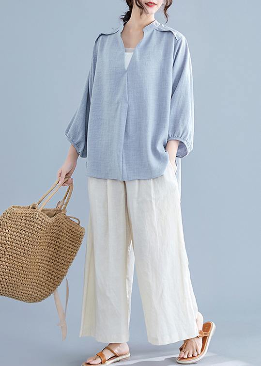 Unique v neck batwing sleeve cotton linen tops women gray Plus Size blouses summer - SooLinen