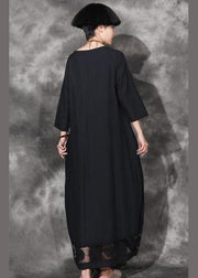 Unique v neck cotton dress Wardrobes black patchwork lace hem Plus Size Dress summer - SooLinen