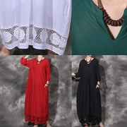 Unique v neck cotton dress Wardrobes black patchwork lace hem Plus Size Dress summer - SooLinen