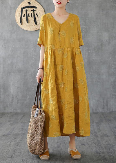 Unique v neck embroidery linen Robes Runway yellow Dress - SooLinen