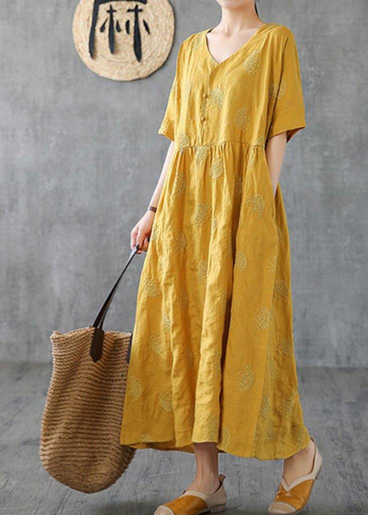 Unique v neck embroidery linen Robes Runway yellow Dress - SooLinen
