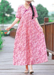 Unique v neck pockets cotton linen quilting clothes linen pink print Dress summer - SooLinen