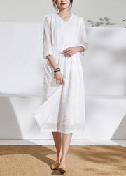 Unique v neck pockets linen Wardrobes white Dresses - SooLinen